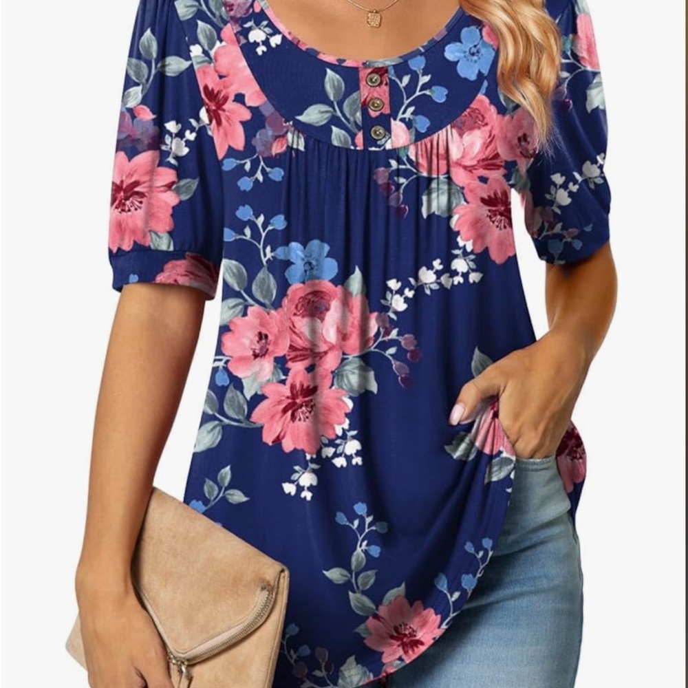 NEW Blue Tunic Blouse with Pleated Relaxed Fit